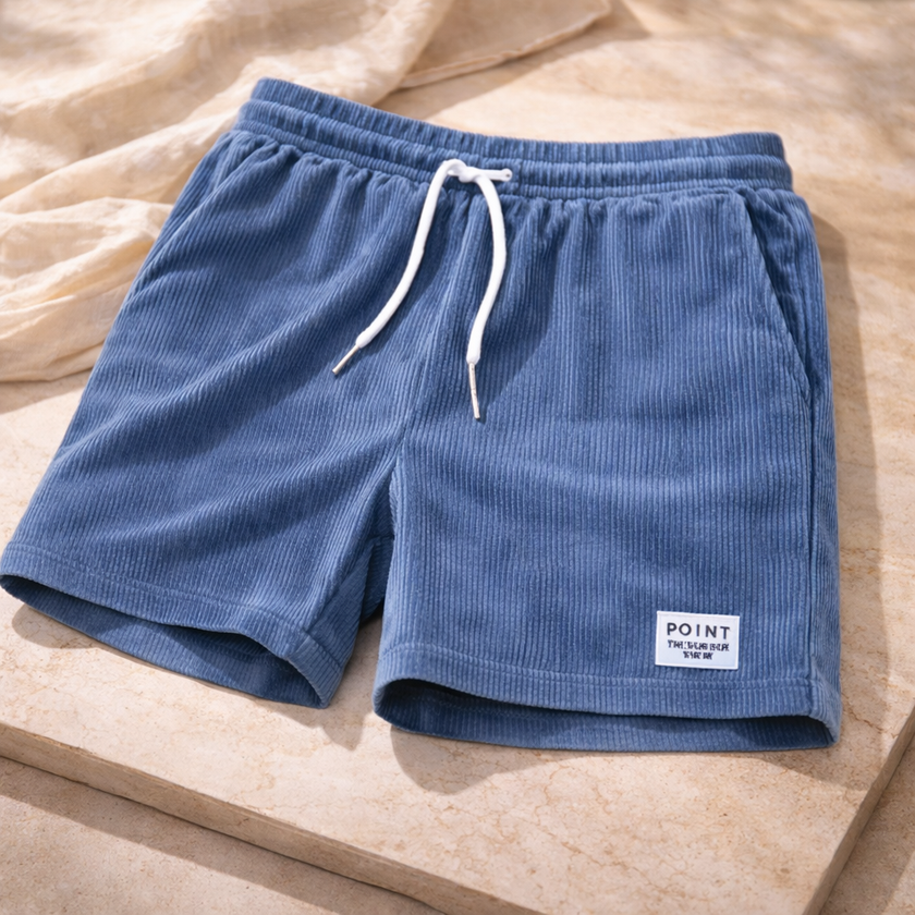 FJØRNA men's corduroy shorts with drawstring waist, casual pants in beige, displayed flat on a white background.