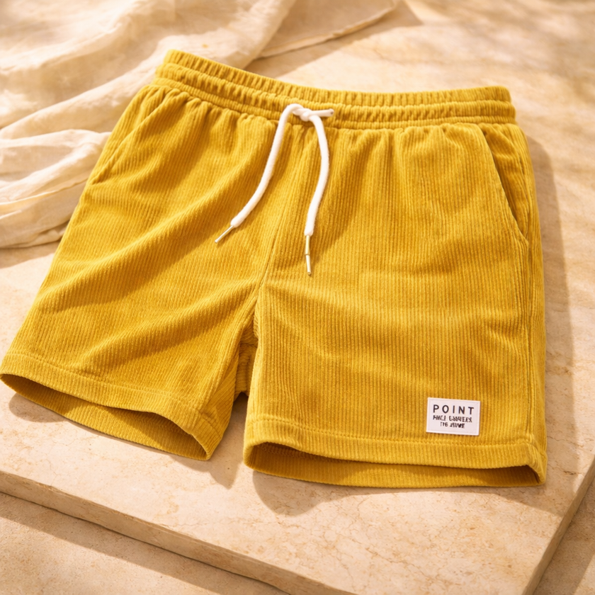 FJØRNA men's corduroy shorts with drawstring waist, casual pants featuring textured fabric and relaxed fit.
