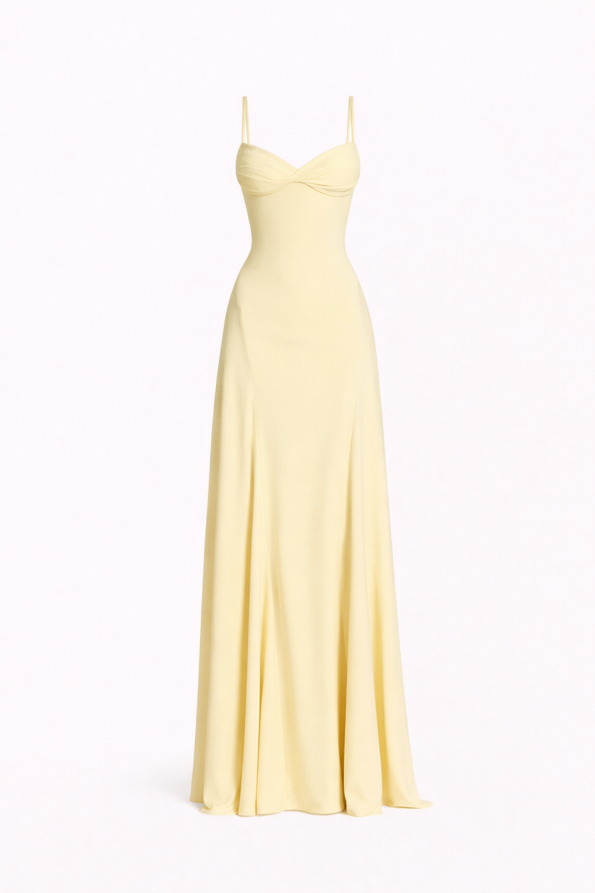 FJØRNA corset-back maxi dress for women with soft drape fabric and spaghetti straps, elegant evening dress in black.