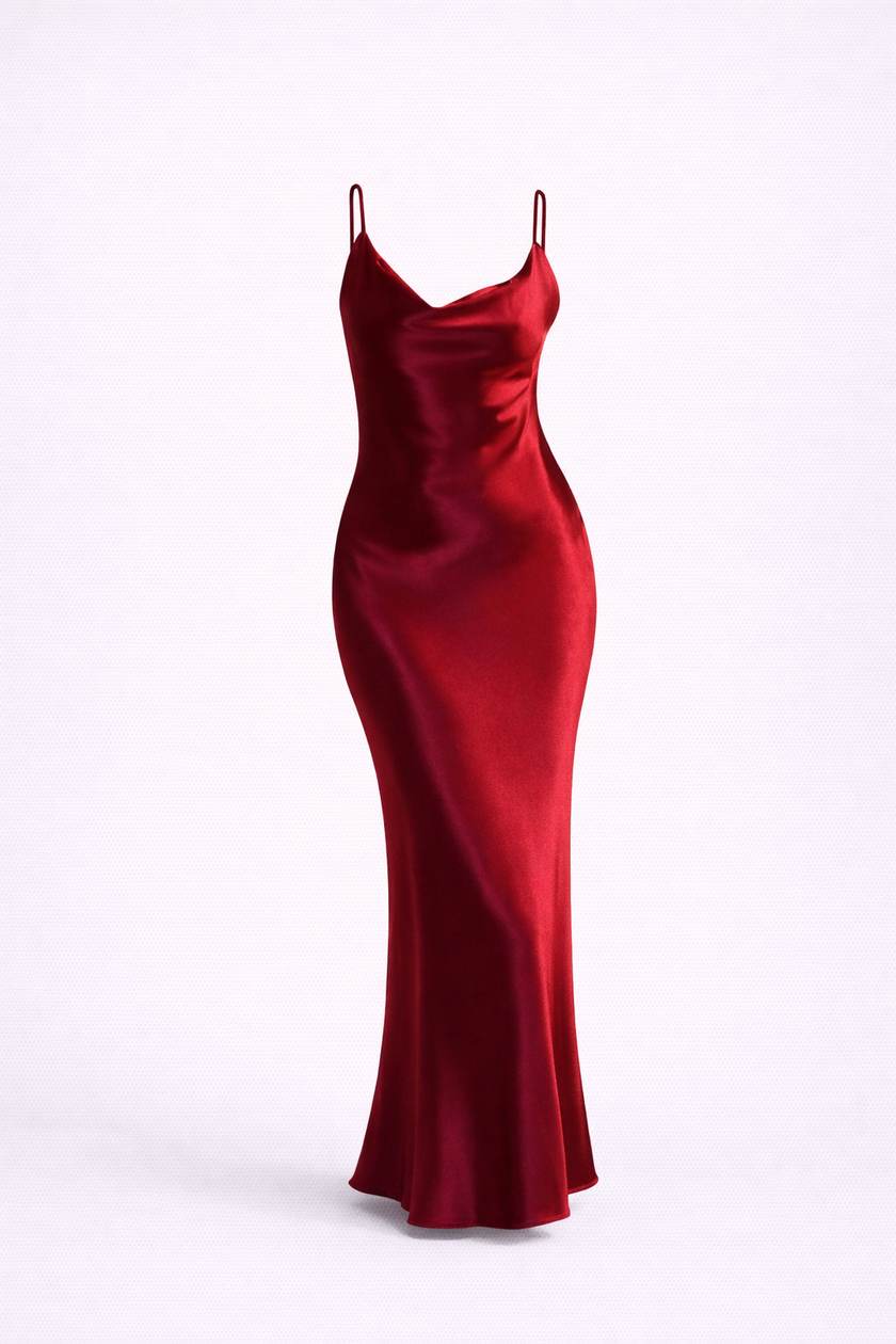 Gold satin cowl neck maxi dress for women with spaghetti straps and bias cut, by FJØRNA, featuring elegant and flowing fabric.