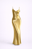 Gold satin cowl neck maxi dress for women with spaghetti straps and bias cut, by FJØRNA, featuring elegant draped design.