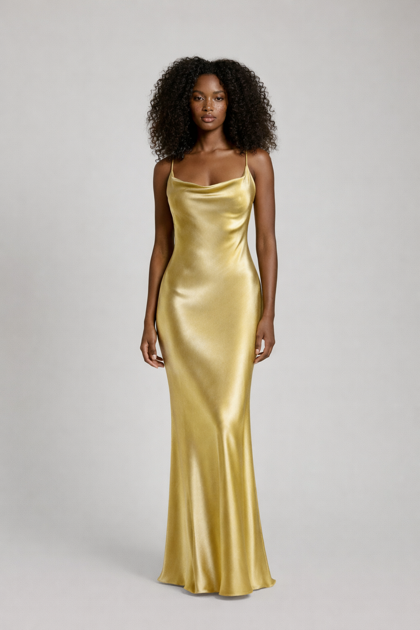 Gold satin cowl neck maxi dress for women with spaghetti straps and bias cut, by FJØRNA, perfect for elegant occasions