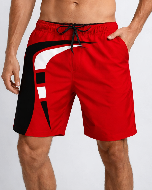 Men's FJØRNA graphic print swim shorts with drawstring, featuring bold design and adjustable waist for beach or poolside wear.
