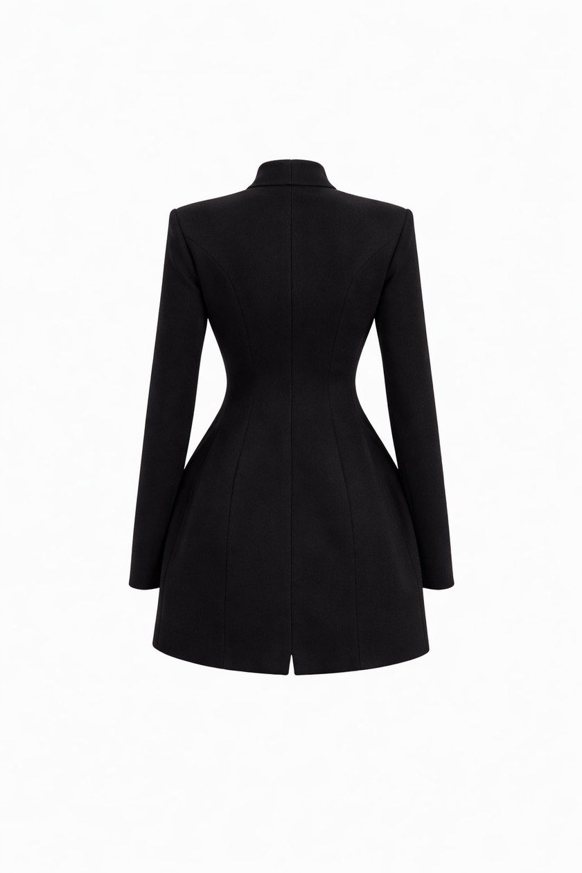 FJØRNA women's mini dress with mandarin collar, cutout design, and crystal button details, stylish and elegant for special occasions