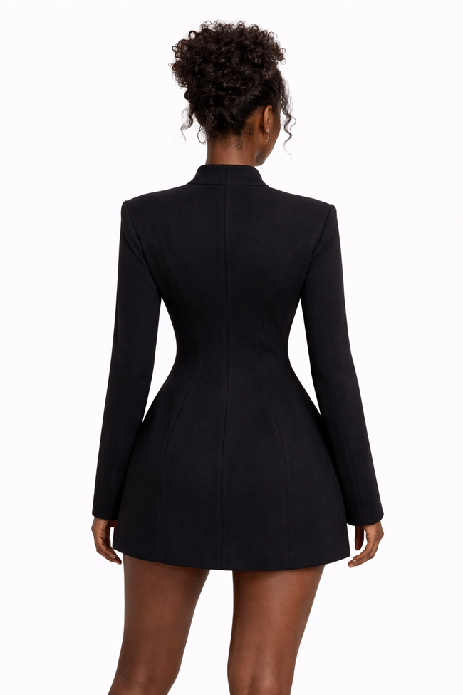 FJØRNA Mandarin collar mini dress with cutout details and crystal button accents, perfect for cocktail occasions.
