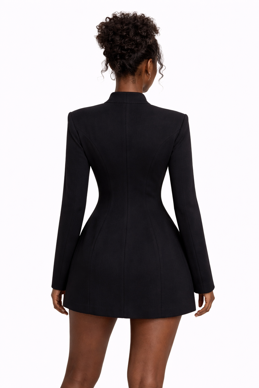 FJØRNA women's mini dress with mandarin collar, cutout design, and crystal button details, stylish and elegant for special occasions.