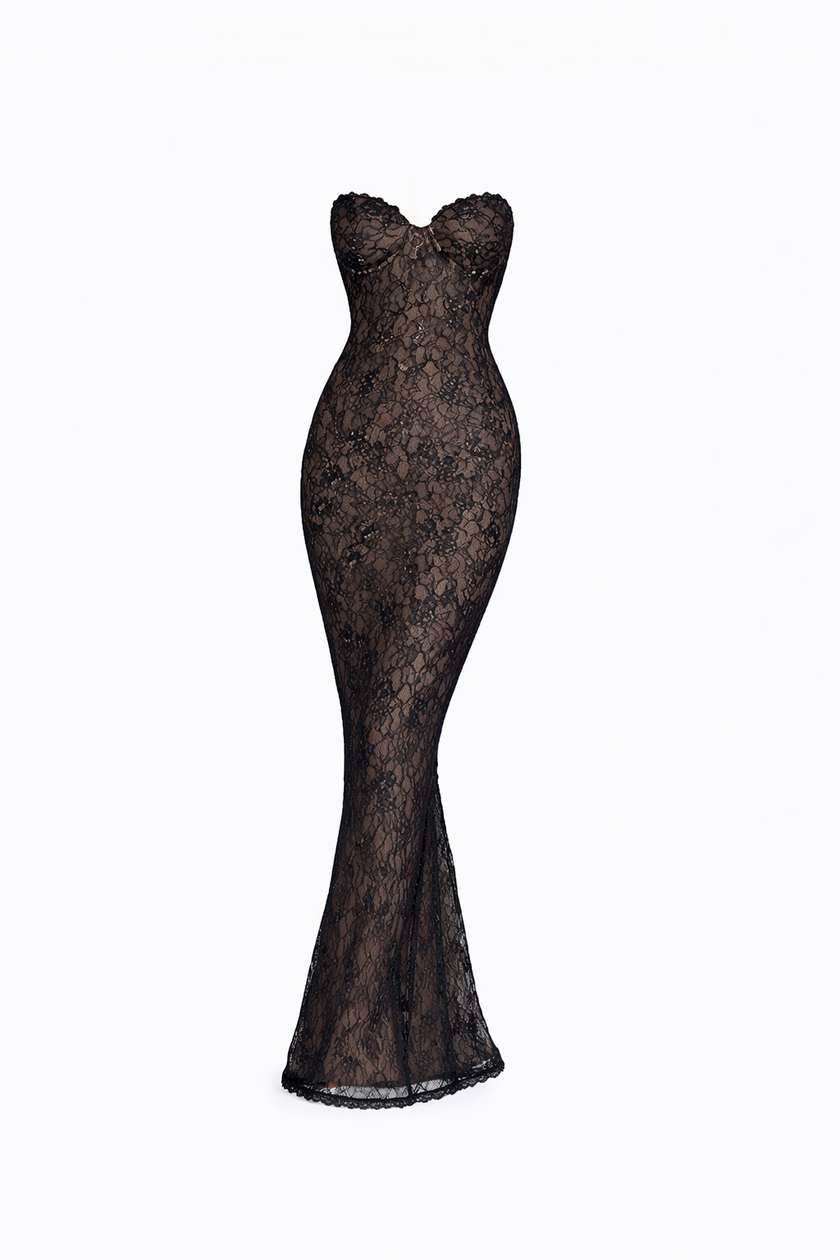 FJØRNA women's lace backless dress set with fishtail silhouette and mesh overlay, elegant evening dress with intricate lace details.