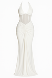 FJØRNA satin maxi dress for women with lace-up bodice and pleated waist, floor-length elegant evening gown