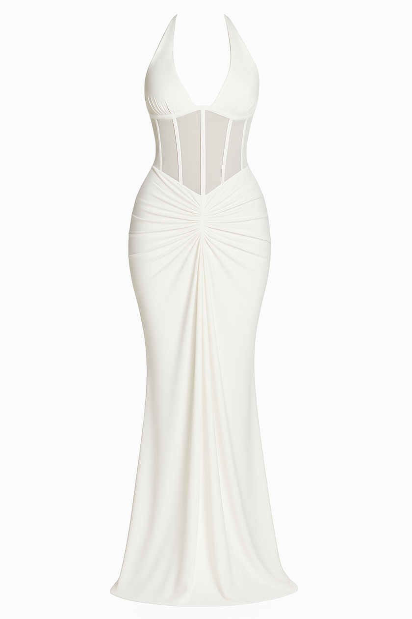 FJØRNA satin maxi dress for women with lace-up bodice and pleated waist, floor-length elegant evening gown