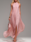 FJØRNA chiffon halter neck maxi dress, comfortable evening dress with flowing fabric and elegant design, suitable for formal occasions.
