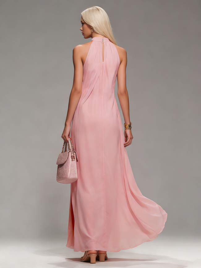 FJØRNA chiffon halter neck maxi dress in soft, flowing fabric, perfect for evening wear with a comfortable, elegant fit.