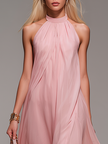 FJØRNA chiffon halter neck maxi dress with a flowing silhouette, perfect for evening wear and comfortable elegance.