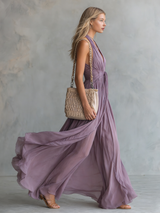 FJØRNA chiffon halter neck maxi evening dress with elegant flowing fabric and stylish design for formal occasions.