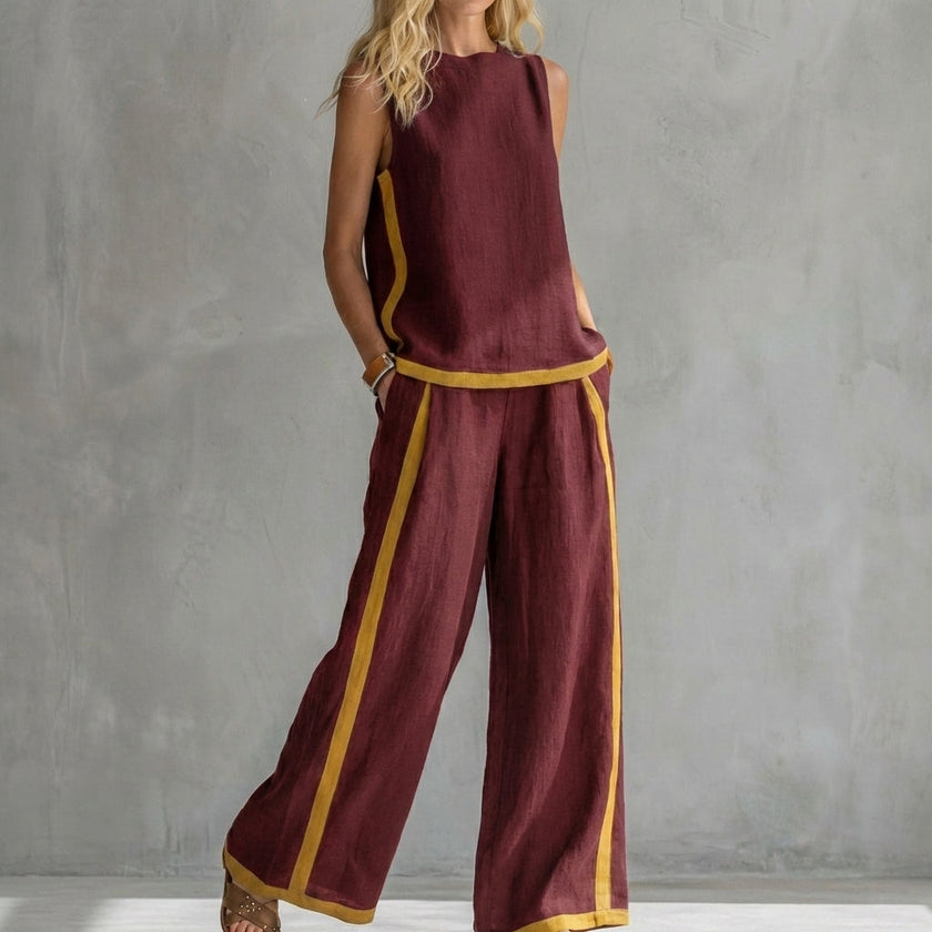 FJØRNA women's summer two-piece co-ord set in claret with a stylish slit design, casual and chic for warm weather.