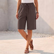 FJØRNA women's summer cotton shorts with drawstring waist, in a cozy coffee color, casual and comfortable for warm weather.