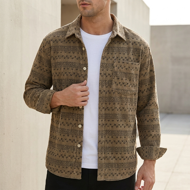Men's relaxed button-front shirt by FJØRNA with geometric pattern, featuring a casual fit and coffee-colored fabric.