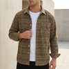Men's relaxed button-front shirt by FJØRNA with geometric pattern, featuring a casual fit and coffee-colored fabric.