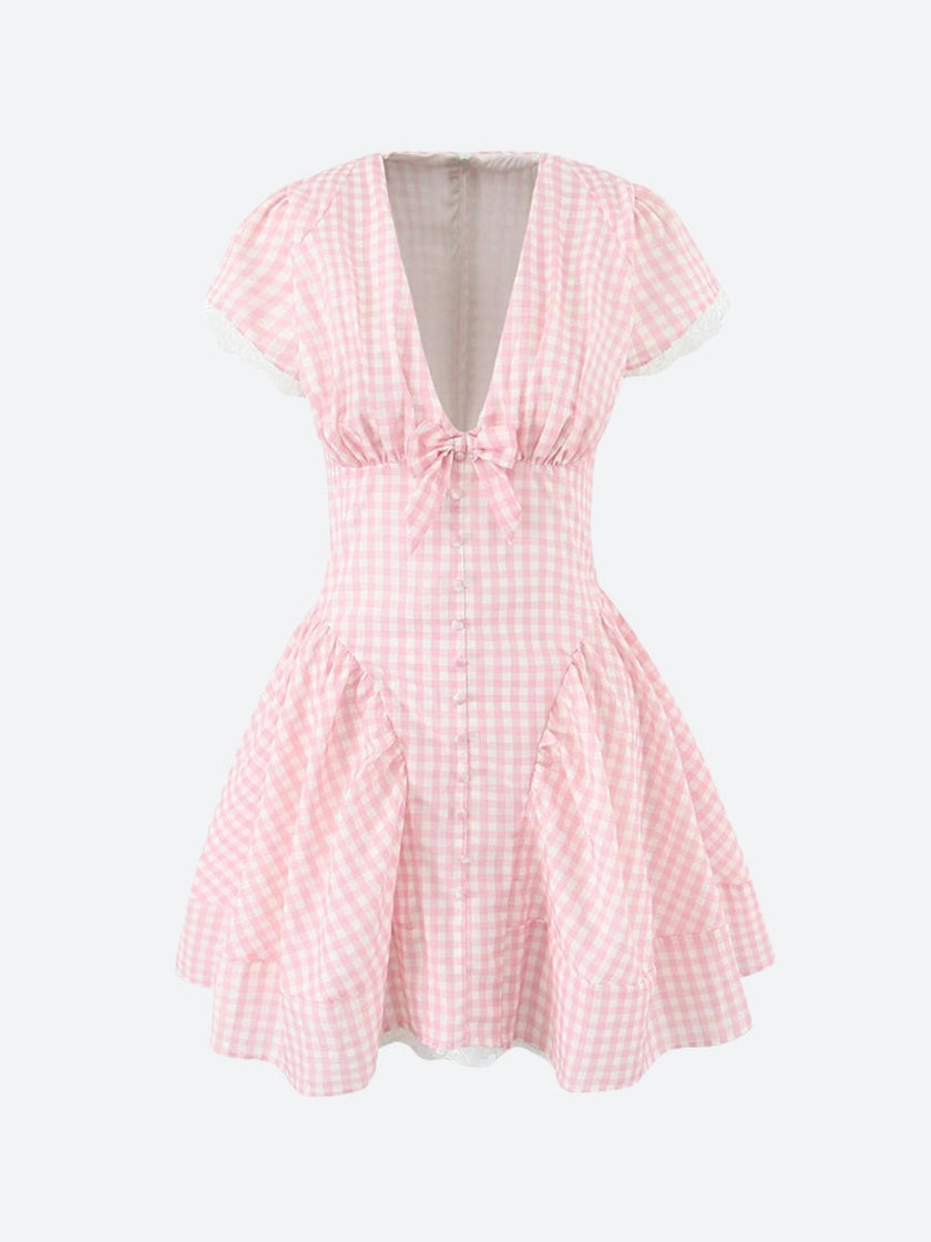 FJØRNA Coquette Gingham Women's Mini Dress with short sleeves and fitted waist, perfect for party or daytime wear.