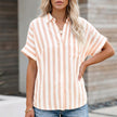 Coral pink striped linen summer blouse for women with button front and casual style by FJØRNA.