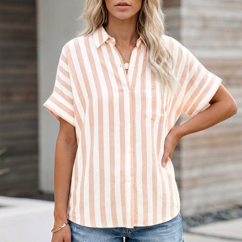 Coral pink striped linen summer blouse for women with button front and casual style by FJØRNA.