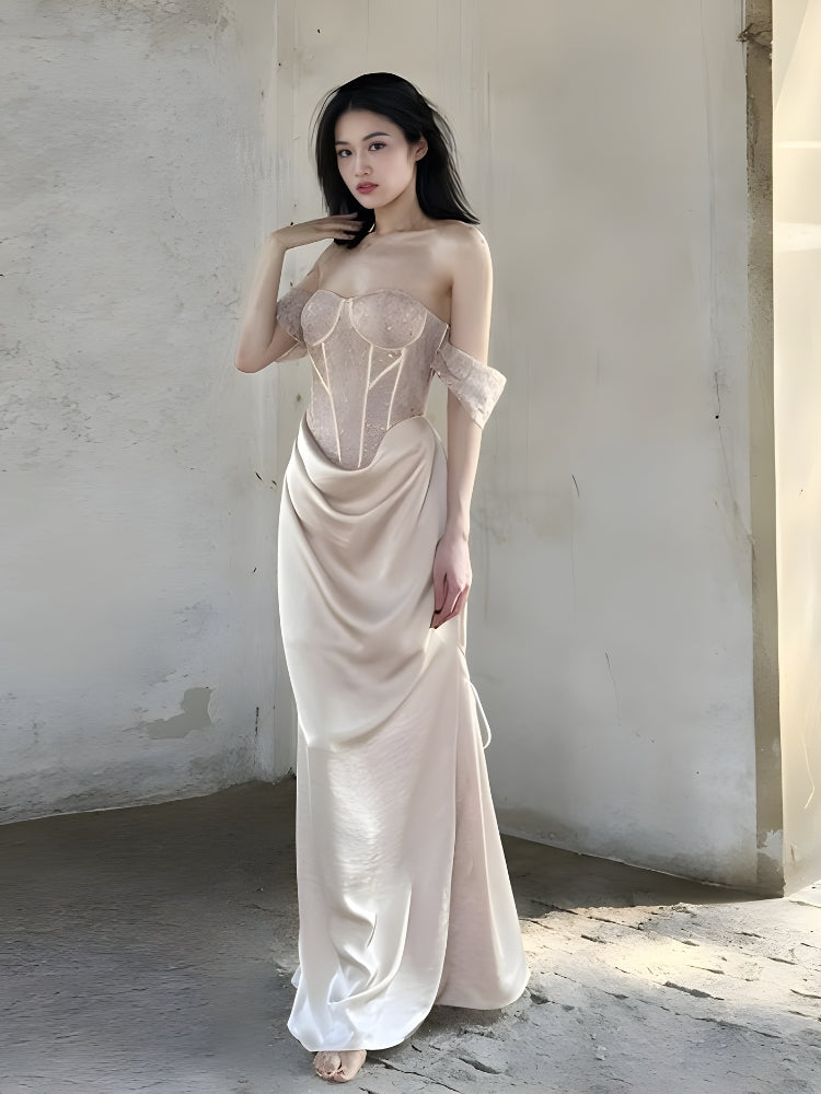 FJØRNA satin corset maxi dress for women, elegant evening and formal wear with a fitted bodice and flowing skirt.