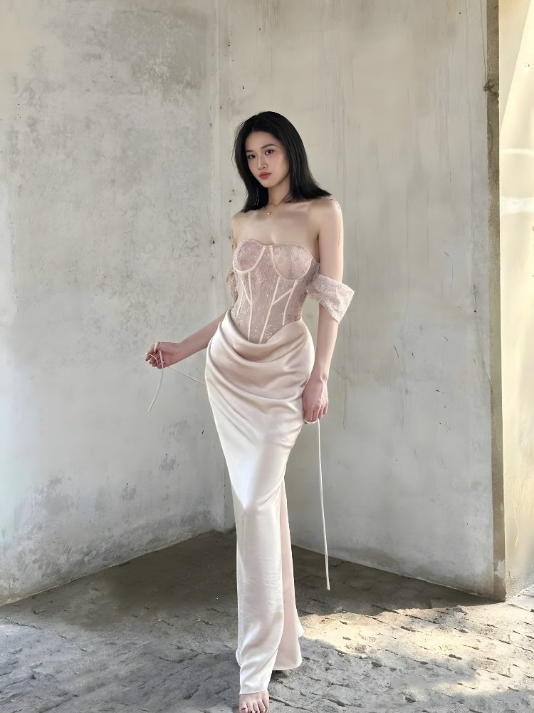 FJØRNA satin corset maxi dress for women, elegant evening and formal wear with a fitted bodice and flowing skirt.