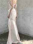 FJØRNA satin corset maxi dress for women, elegant evening and formal wear with fitted bodice and flowing skirt.