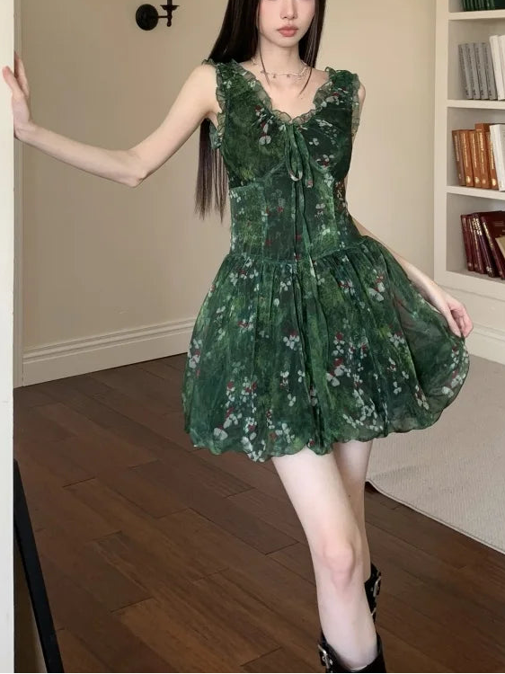 FJØRNA cottagecore bubble tulle mini dress for women, featuring a whimsical, romantic design perfect for parties or daytime wear