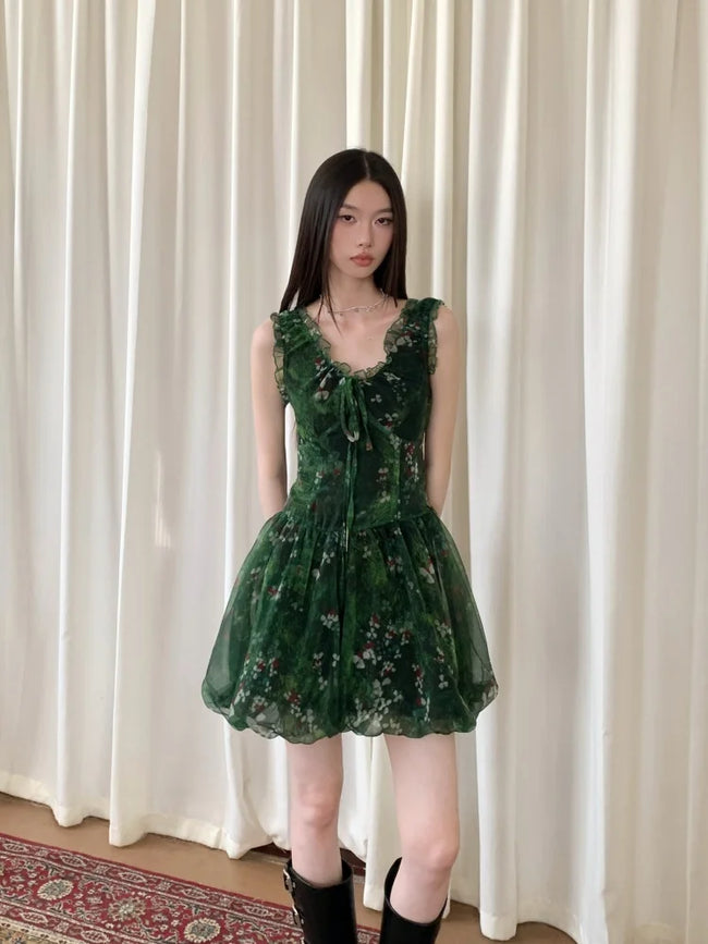 FJØRNA cottagecore bubble tulle mini dress for women, perfect for party or daytime wear, featuring a whimsical, airy design.