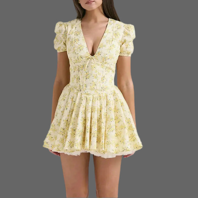 White Cottagecore floral plunge neck mini dress by FJØRNA with a romantic, vintage-inspired design and delicate floral pattern.