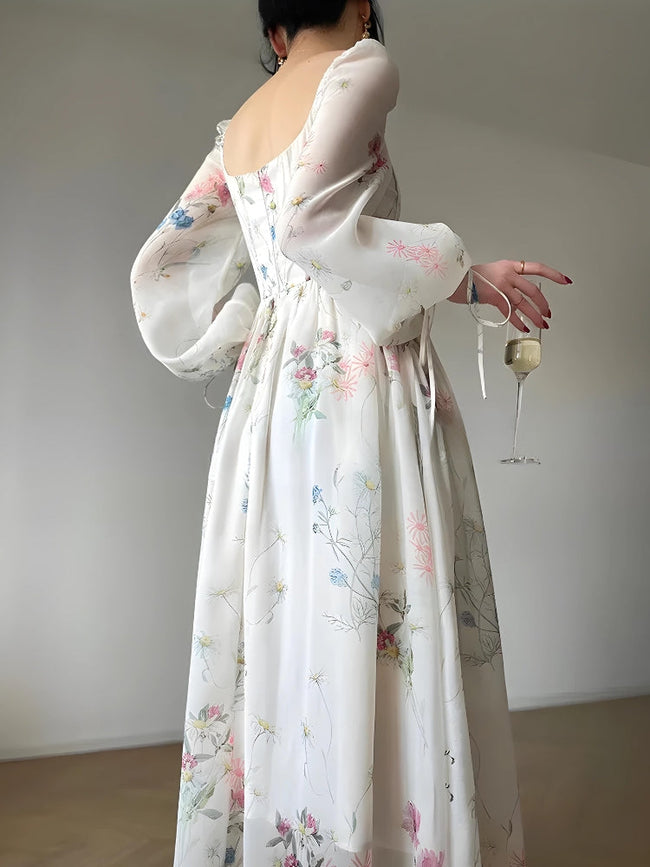 FJØRNA cottagecore women's maxi dress in soft floral fabric, perfect for summer and special occasions.