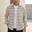 Men's relaxed FJØRNA button-front shirt with geometric pattern in cream, featuring a casual fit and stylish design.