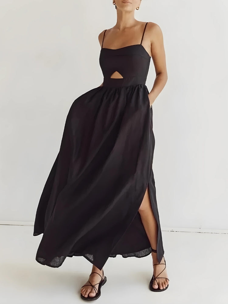 FJØRNA women's cut-out slit maxi dress in lightweight fabric, perfect for summer and special occasions.