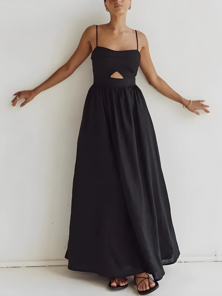 FJØRNA women's cut-out slit maxi dress, sleeveless summer dress with elegant slit detail for special occasions and warm weather.