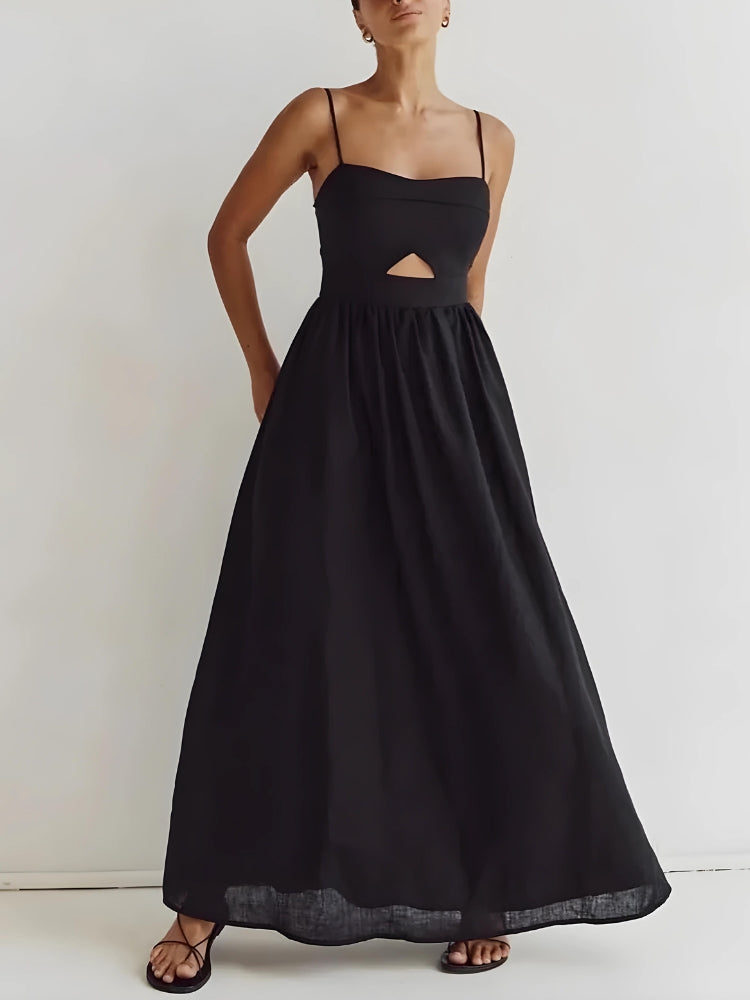 FJØRNA women's cut-out slit maxi dress in lightweight fabric, perfect for summer and special occasions, shown on a model.