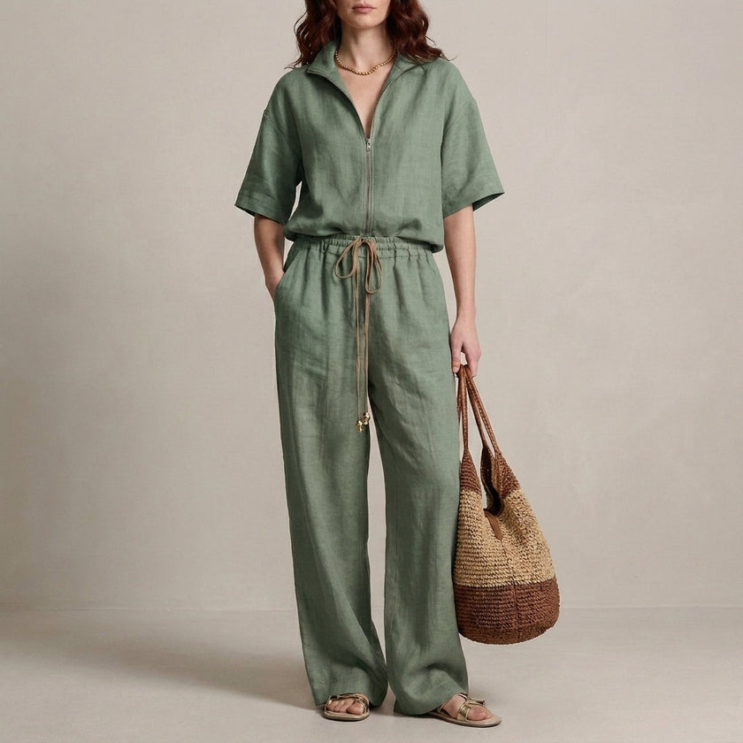 FJØRNA cyan zip-neck top and wide-leg trouser set, 2-piece outfit, featuring a relaxed fit and stylish design.