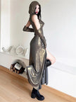 FJØRNA cyberpunk metallic hooded women's midi dress with a futuristic design, shown hanging on a mannequin.