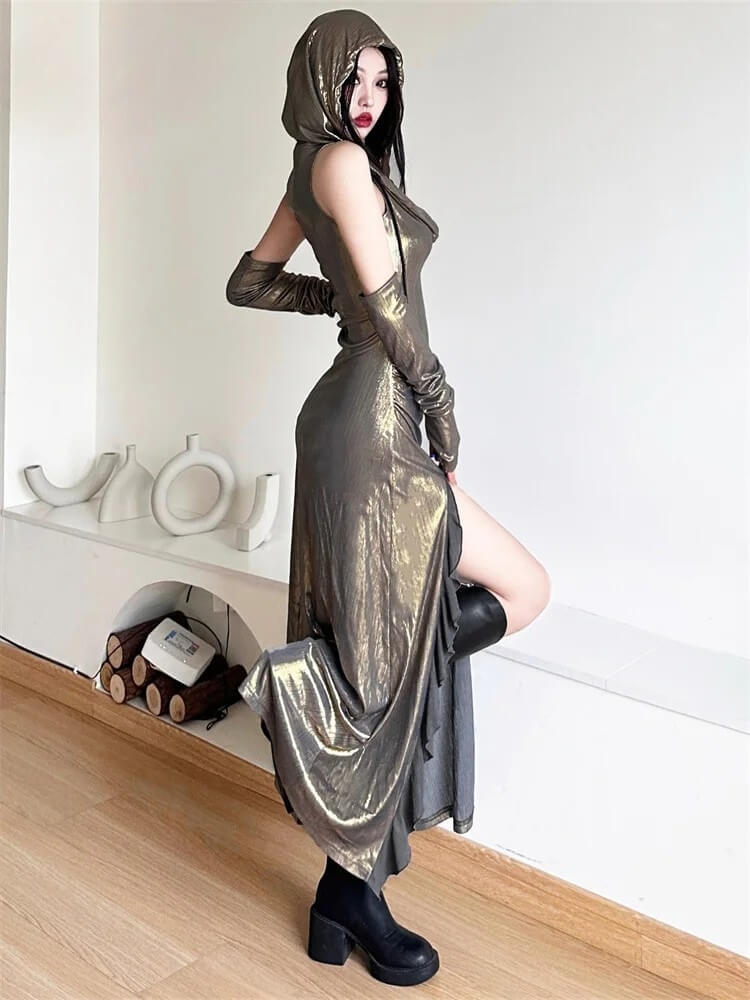 FJØRNA cyberpunk metallic hooded women's midi dress with a futuristic design, shown hanging on a mannequin.