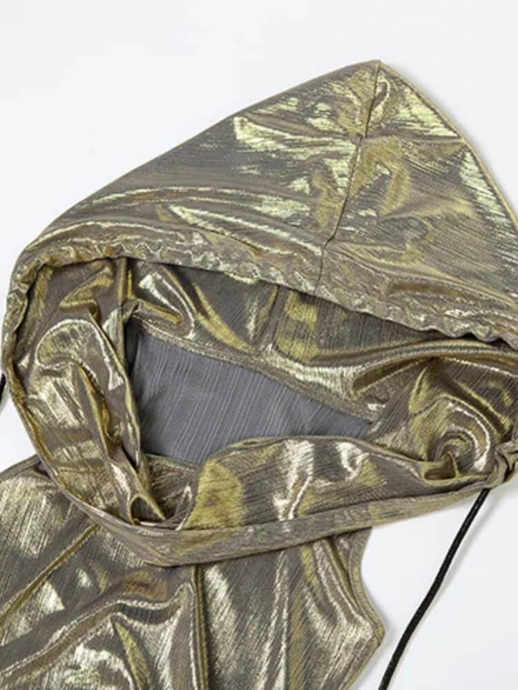 FJØRNA cyberpunk metallic hooded women's midi dress with a futuristic design and hood, perfect for day to night style.