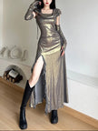 FJØRNA cyberpunk metallic hooded women's midi dress with a futuristic, shiny design, featuring a hood and sleek, stylish silhouette.