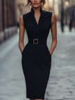 FJØRNA black sleeveless sheath dress with a belted waist and mandarin collar, styled for women, shown on a mannequin.