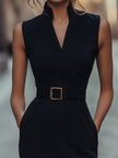 FJØRNA black sleeveless sheath dress with belted waist and mandarin collar, elegant women's dress, front view.