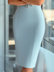 Sky blue asymmetrical FJØRNA dress with belt, stylish women's dress featuring a modern silhouette and elegant design.