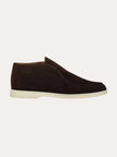 Men's classic brown suede loafers by FJØRNA, showing the stylish slip-on design and smooth suede material.