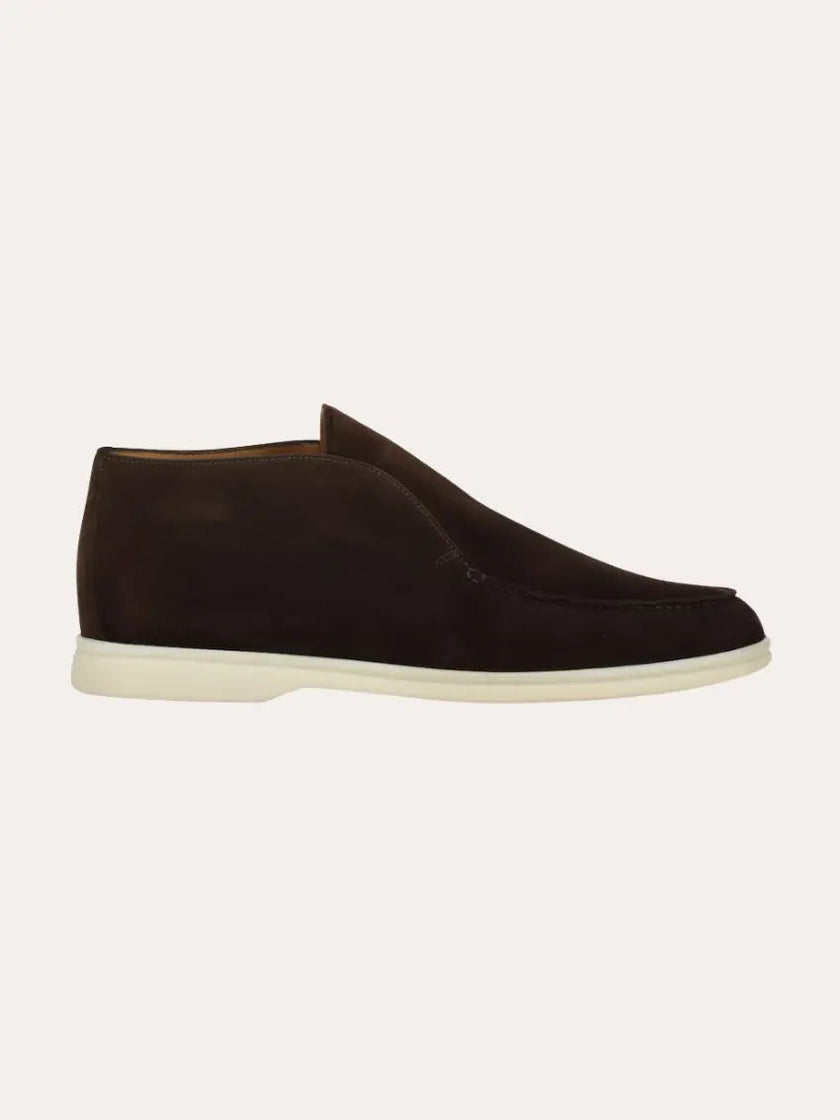 Men's classic brown suede loafers by FJØRNA, showing the stylish slip-on design and smooth suede material.