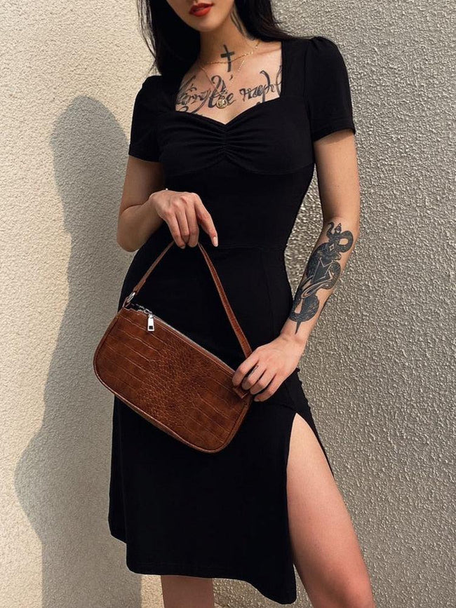 FJØRNA dark academia white midi dress with leg split, featuring a stylish and elegant design perfect for sophisticated outfits.