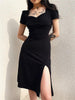 FJØRNA dark academia white midi dress with leg split and midi length, styled for a sophisticated, vintage-inspired look.