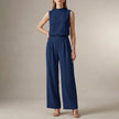 Dark blue FJØRNA women's two-piece set featuring a high waist and high neck, stylish co-ord outfit for women.