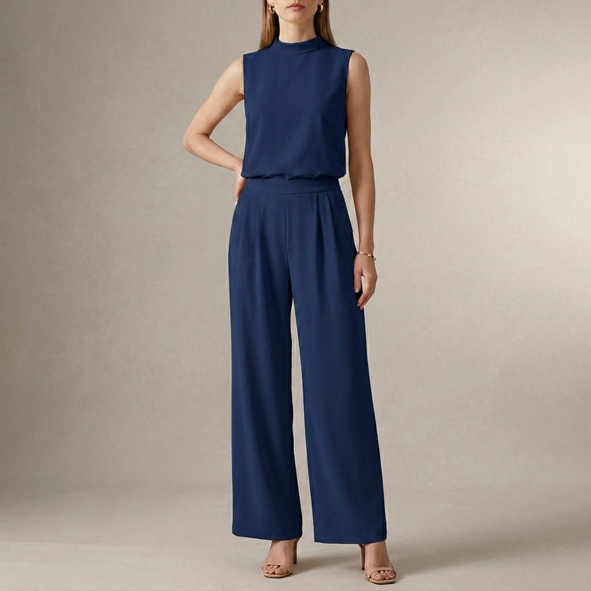 Dark blue FJØRNA women's two-piece set featuring a high waist and high neck, stylish co-ord outfit for women.