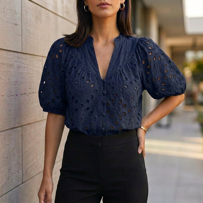 Dark blue women's summer blouse by FJØRNA, V-neck linen top with button front, casual and breathable for warm weather.